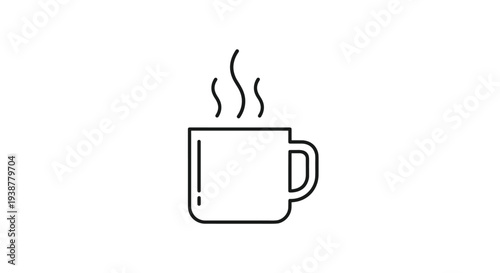 Simple black line icon depicts a steaming mug of hot beverage like coffee or tea isolated on a white background for cafe and break themes.