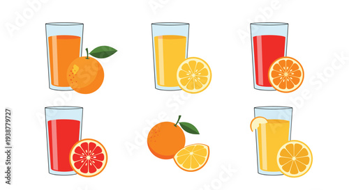 Collection of glasses filled with various citrus juices including orange, lemon, and grapefruit accompanied by fresh fruit slices.