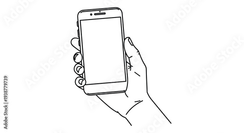 Simple black line drawing of human hand holding modern smartphone with blank screen for mobile app or interface design mockup.
