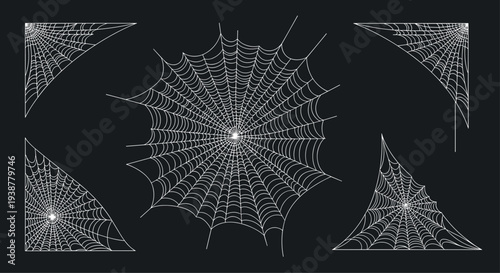 Detailed set of white spider web illustrations including corners and central circular patterns isolated on solid black background for Halloween.
