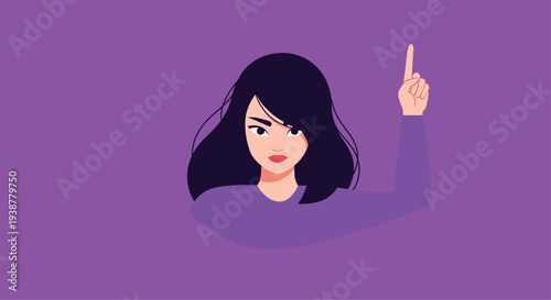 Close up portrait of woman with black hair and purple sweater pointing index finger up against solid bright purple background.