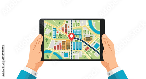 Top view of hands holding digital tablet displaying city map with red location pin for navigation and travel planning concept.