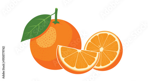 Illustration of fresh whole orange fruit with green leaf accompanied by half and wedge slices on white background for health themes.