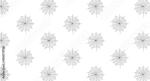 Recurring pattern of delicate black spider webs arranged in symmetrical rows on clean white background for subtle Halloween decoration.