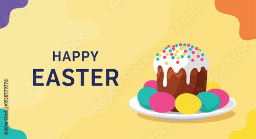 Festive Happy Easter banner featuring traditional glazed cake with sprinkles and colorful eggs on decorative yellow background.
