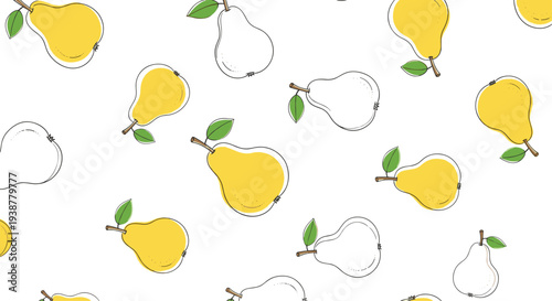 Seamless pattern featuring yellow and white outlined pears with green leaves scattered across white background for kitchen decor.