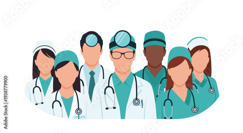 Group portrait of professional medical team including doctors and nurses in white coats and green scrubs with stethoscopes.