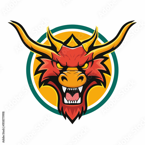 Dragon Head Illustration with Horns and Beard.