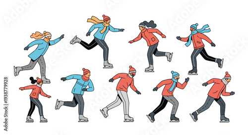 Set of diverse people in winter clothes performing various ice skating movements and poses isolated on white background for winter sports design.