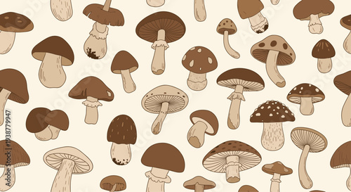 Seamless pattern featuring a variety of hand drawn forest mushrooms in different shapes and sizes over light cream colored background for design.