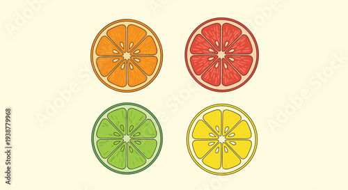 Set of four colorful vector illustrations showing the cross section of an orange, grapefruit, lime, and lemon on a light beige background.