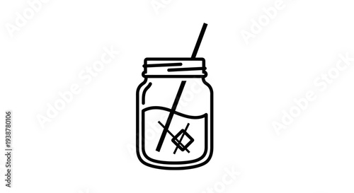Minimalist line art icon of a refreshing beverage in a classic mason jar with a straw for various