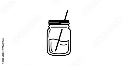 Stylized monochrome illustration of a classic glass jar with a straw, perfect for refreshing