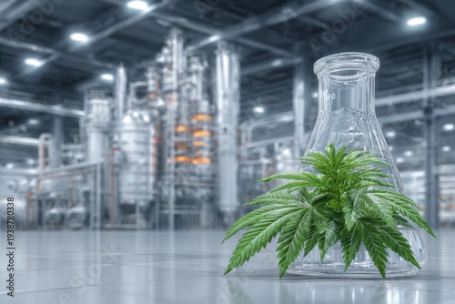 Fresh cannabis leaves stand next to a clear laboratory flask in a sleek industrial plant, illustrating modern marijuana processing, biotech research and medical production.