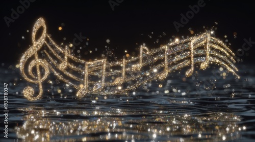 Glittering golden music notes rise from a rippling dark surface, casting luminous reflections and evoking magic, inspiration, and premium audio branding for music or luxury campaigns.