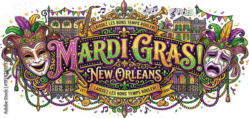 Vibrant Mardi Gras celebration in New Orleans with masks, colorful decorations, and festive atmosphere