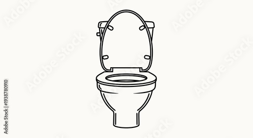 Clean vector line art illustration of a modern toilet with the lid and seat in an open position