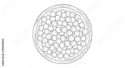 Simple monochrome outline drawing of nourishing garbanzo beans filling a circular dish, perfect