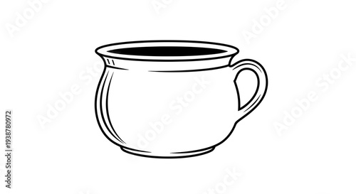 Clean vector line art illustration of a classic handled cup for beverages and kitchen themes