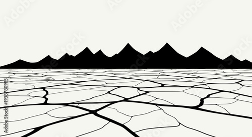 Minimalist stark black mountains silhouette over a vast parched cracked desert floor environment