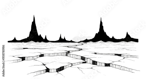 Dramatic monochrome illustration of a fractured icy plain leading to a jagged mountain horizon