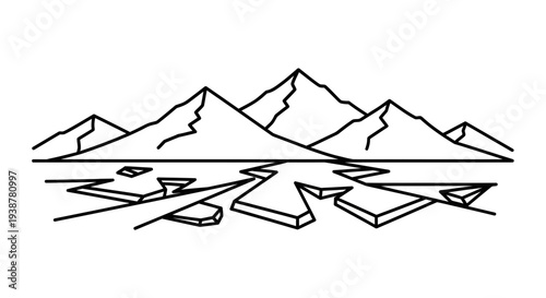 Monoline illustration of majestic peaks reflecting in water with fractured ice formations