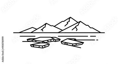 Minimalist arctic landscape featuring floating ice chunks and distant jagged mountain peaks