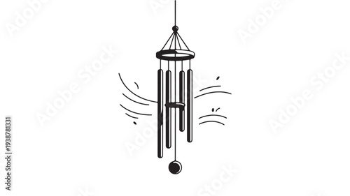 Wind Chime in Simple Line Art with Black and White Color on Isolated White Background for Decoration
