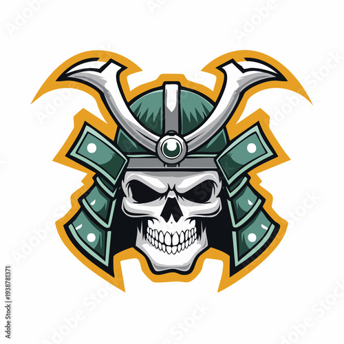Samurai Skull with Helmet and Axes.