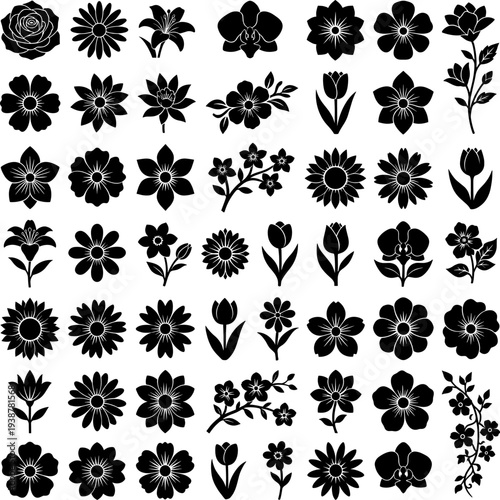 Collection of diverse flower silhouettes in black and white, showcasing various floral designs.