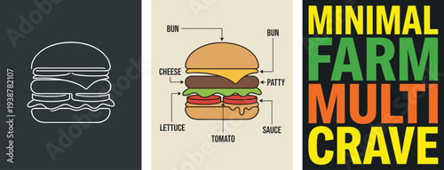 Detailed illustration of a multi-layered burger with labeled components on a neutral background viewed from the side