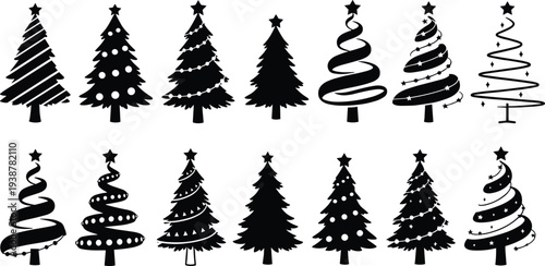 Christmas tree silhouette collection with decorated pine trees, spiral ribbon trees and star toppers isolated on white background festive holiday vector illustration set