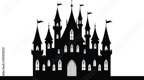 Fantasy castle silhouette icon isolated on white background, medieval fairy tale palace fortress with towers and flags, gothic architecture landmark vector illustration for fantasy design