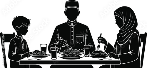 Muslim family eating meal together at dining table silhouette illustration, Islamic family dinner concept with father mother and child enjoying food, Ramadan Iftar tradition vector