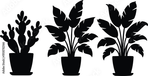 Potted houseplant silhouettes collection with cactus and tropical foliage, indoor decorative plants vector set, minimal black botanical icons for home decor, gardening and nature design