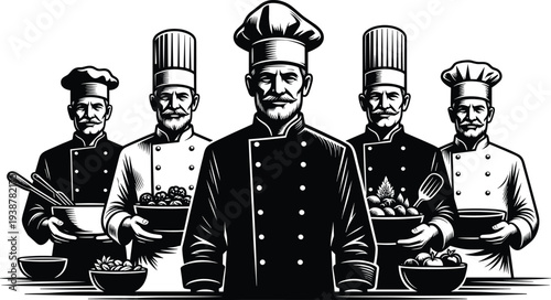 Professional chefs cooking team illustration with chef hats and uniforms holding bowls of food, restaurant kitchen staff concept vintage engraving style vector