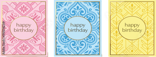 Colorful birthday cards with happy birthday message displayed prominently on intricate patterned backgrounds viewed directly