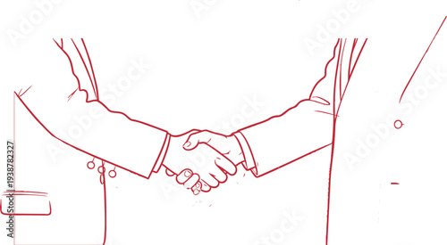 A red line drawing of two people shaking hands in a business agreement or partnership
