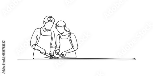 Couple cooking together, continuous line art, minimalist kitchen scene, healthy food preparation