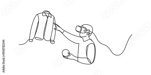 Man wearing VR headset interacting with digital shirt, virtual fashion, technology