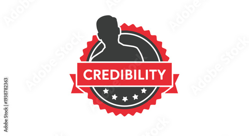 A black and red credibility badge icon with a silhouette of a person and stars