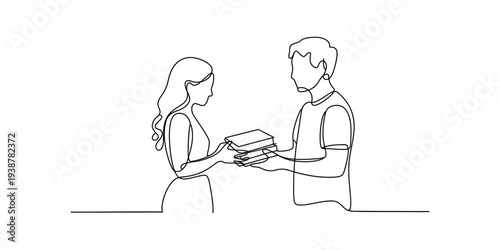 Man Gives Woman Stack of Books, Minimalist Line Art Drawing, Education Concept