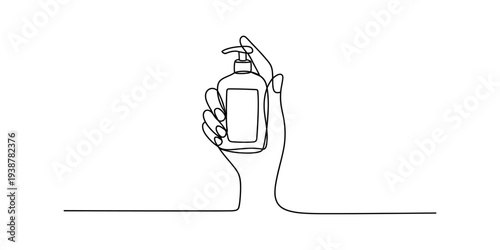 Hand Holding Soap Dispenser, Continuous Line Art Drawing, Minimalist Style