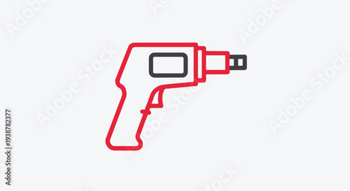 Red outlined icon of a cordless drill on a light gray background for design or editing purposes