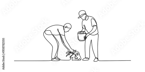 Two people with buckets, one tending to a farm animal, continuous line art