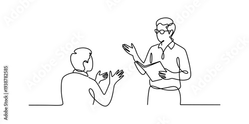 Two people talking, one holds a document, minimalist line art illustration