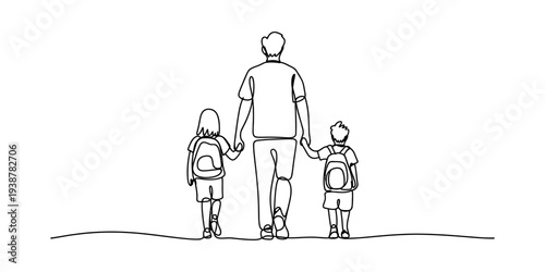 Father walking with two children to school, one line drawing, back view