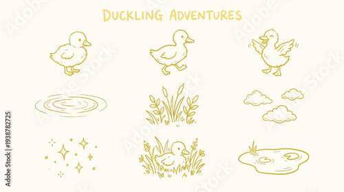 A charming collection of hand-drawn golden duckling illustrations depicting various adventures and scenes, perfect for whimsical designs.