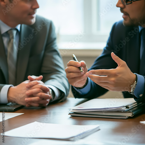 A close-up photograph of a business meeting at a wooden desk.