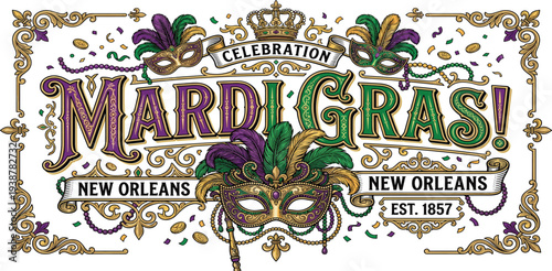 Vibrant Mardi Gras celebration in New Orleans featuring masks and festive decorations from a close-up viewpoint